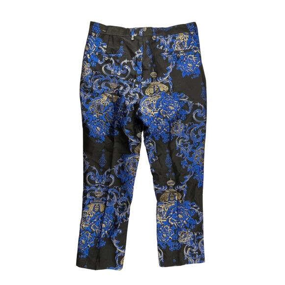 AKIRA | 34L Avant Garde Prom Blue Black Gold Metallic Brocade Trouser Pants - Picture 8 of 8